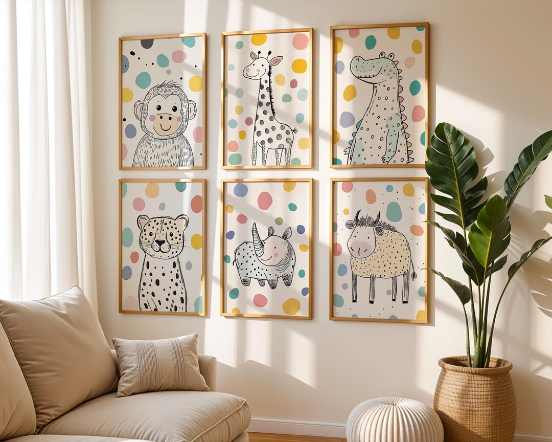Safari Animal Prints Set – Pastel Polka Dot Nursery Art - Etsy