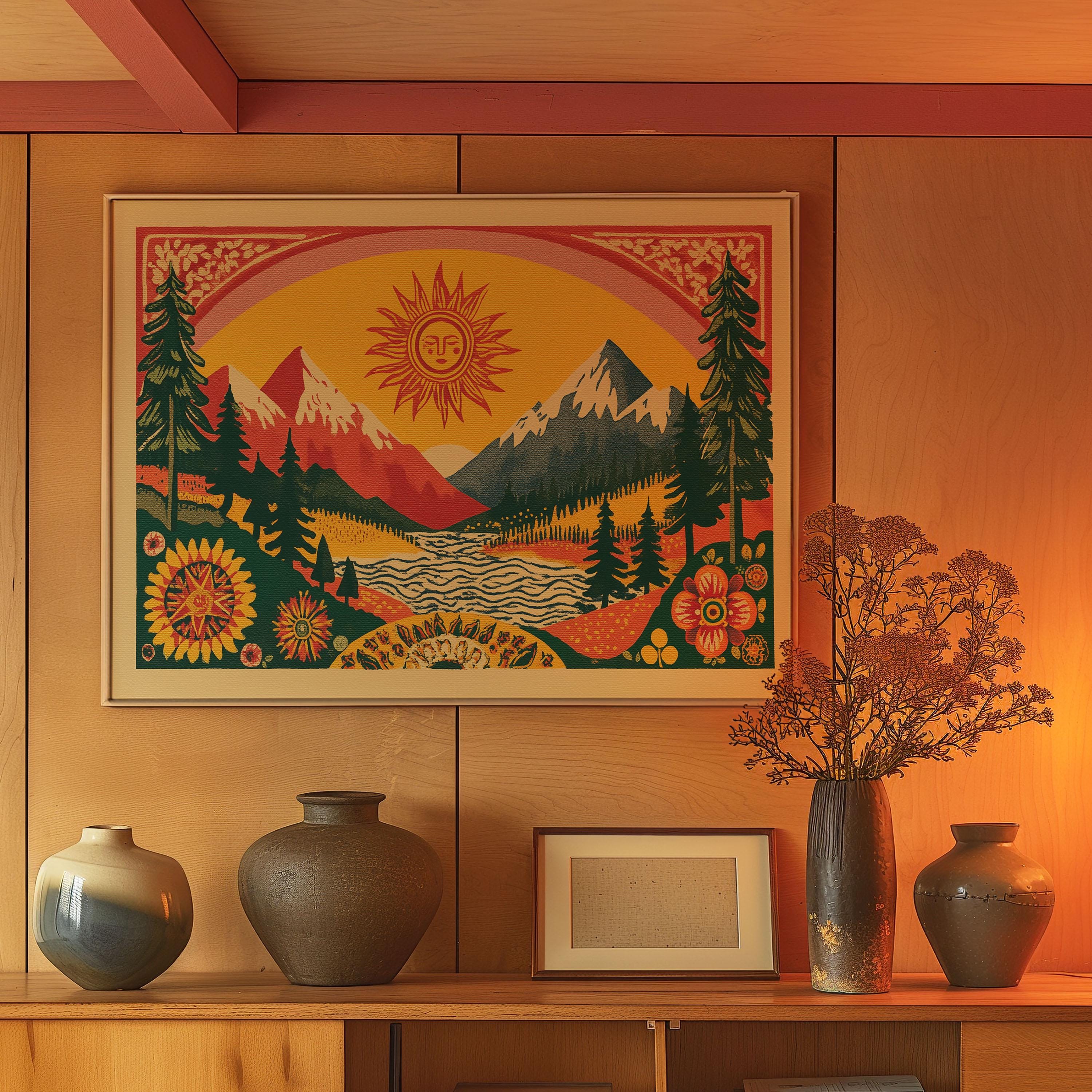 Mountain Sunset Folk Art Print - Retro Nature Landscape Poster - Etsy