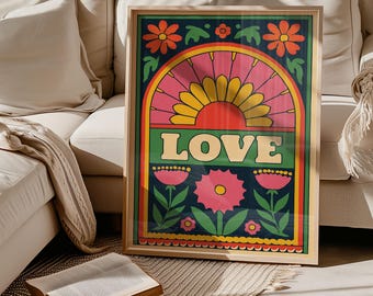 Retro LOVE Wall Art - Vintage 70s Flower Power Poster - Groovy Psychedelic Print