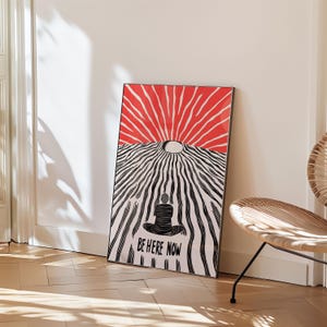 Psychedelische Black & White Meditation Poster digitaler Download, spirituelle Wand Kunst zum ausdrucken, Buddhismus Dekor, sei jetzt hier Zen Schlafzimmer Wandkunst