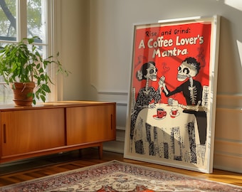 Utskrivbar konst med skelett av vintagemakabert kaffe: Mörk humor-cafédekor (digital nedladdning)