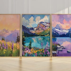 Glacier National Park Wall Art Set of 3 – Montana Mountain Lake & Wildflower Nature Prints – Rustic Landscape Oil Painting