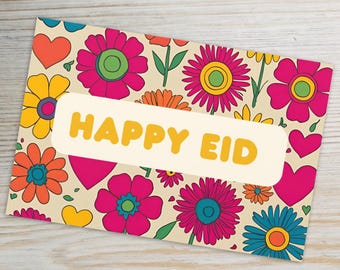 Happy Eid Greeting Card | Colorful Retro Floral Design | Muslim Holiday Card