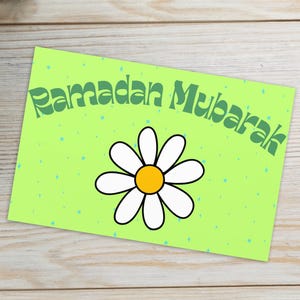 Cartão de Saudação Ramadan Mubarak | Design de Margarida Fofo | Cartão de Ramadan Retro Verde Brilhante | Cartão de Feriado Islâmico