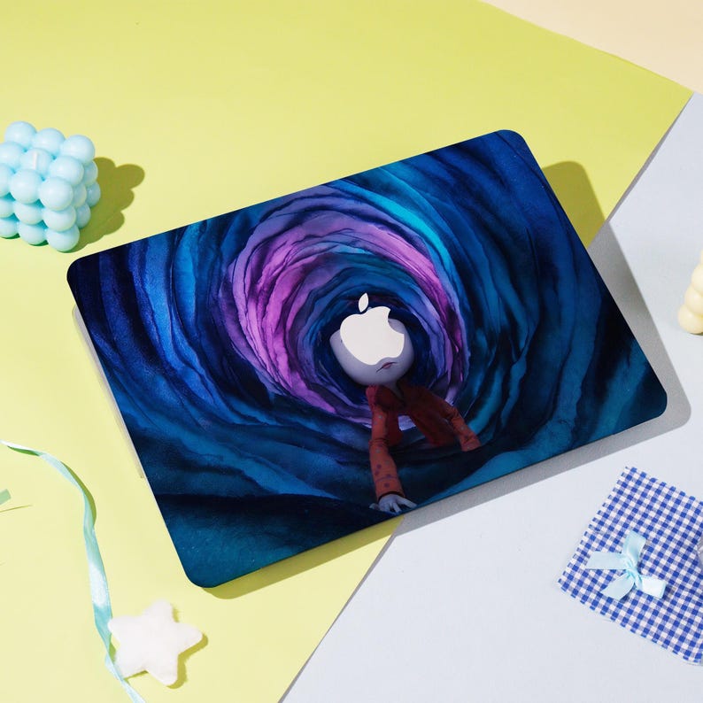 May include: Laptop skin featuring a surreal illustration of an Apple logo figure in a swirling tunnel of blue and purple hues. The design is printed on a rectangular surface, with a matte finish.