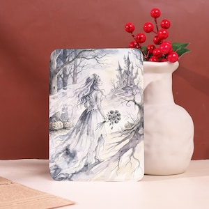 May include: A rectangular print featuring a watercolor illustration of a person in a long gown holding a bouquet of roses, walking toward a castle in a forest with pumpkins. The artwork uses shades of gray, black, and white with a soft, muted aesthetic.