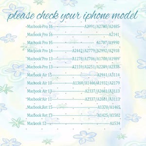 May include: A list of Macbook models and their corresponding model numbers, with the text "please check your iphone model" at the top. The background has a light blue and white floral pattern.