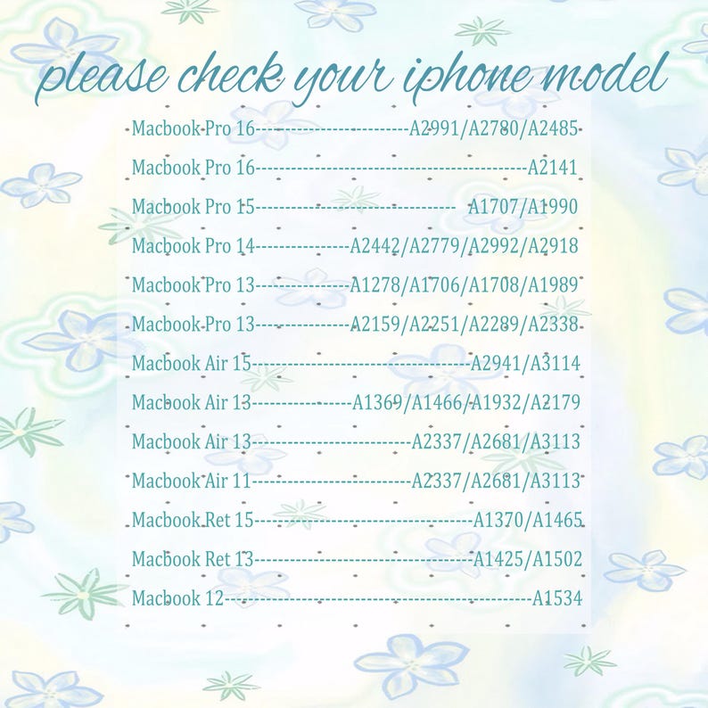 May include: A list of Macbook models and their corresponding model numbers, with the text "please check your iphone model" at the top. The background has a light blue and white floral pattern.