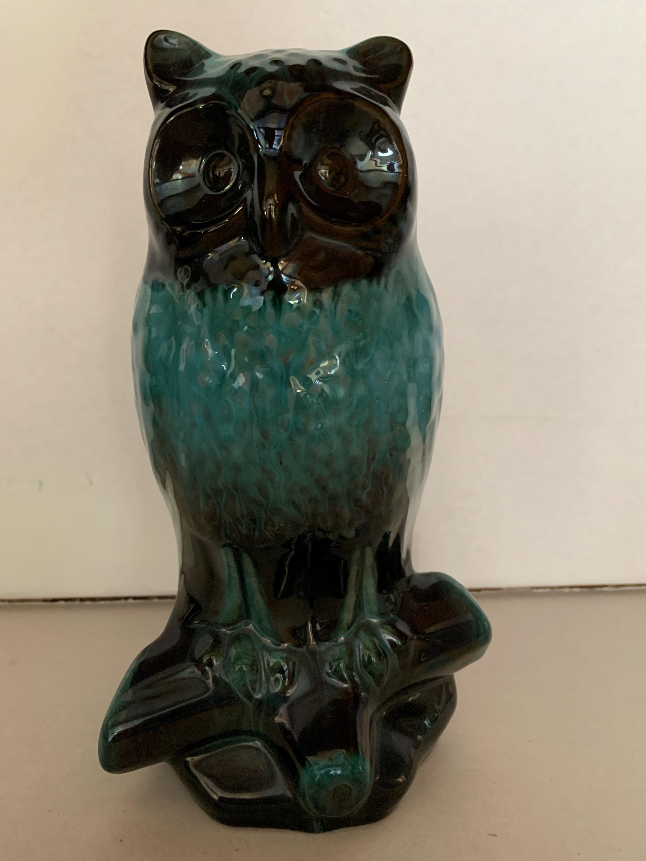 Large Blue Mountain Pottery Owl Statue | Perched Owl Bird | Green Blue Drip Glaze | Mid Century Deco