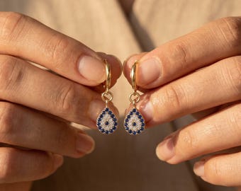 Evil Eye Earrings Gold, Teardrop Dangle Earrings, Gold Filled Protection Jewelry, Bridesmaid Gift, Boho Evil Eye Jewelry Gift for Her ER001