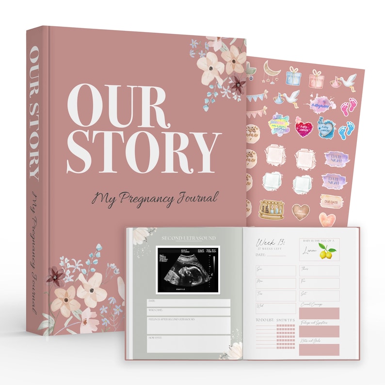 May include: A pink pregnancy journal with the title "Our Story" and a floral design. The journal includes a section for ultrasound photos, weekly updates, and a sticker sheet with various baby-themed designs.