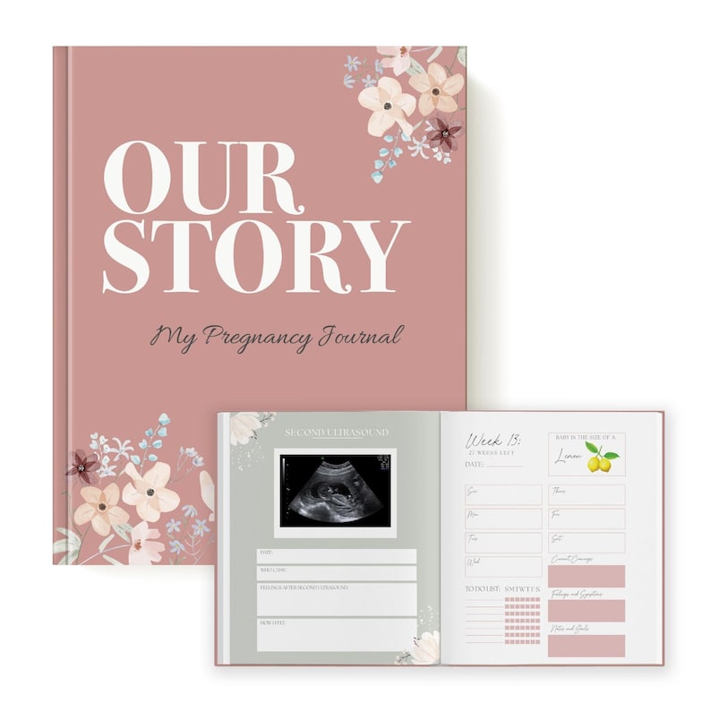 May include: A pink pregnancy journal with a floral design and the text "OUR STORY My Pregnancy Journal". The journal has a section for a second ultrasound image and a weekly log.