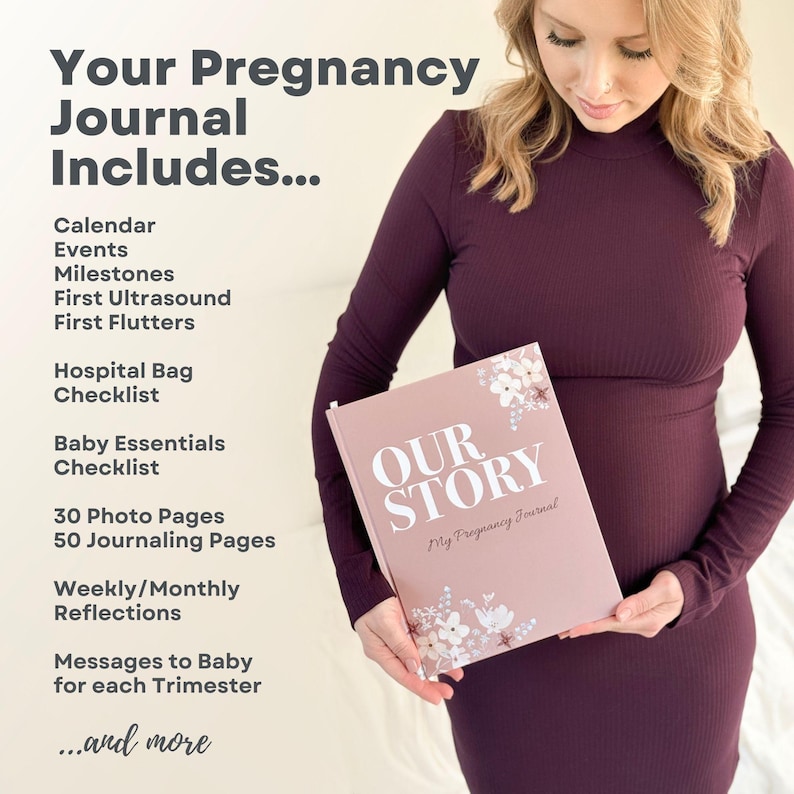 May include: A pink pregnancy journal with the text "OUR STORY My Pregnancy Journal" and floral designs. The journal is being held by a person wearing a maroon long-sleeved shirt.