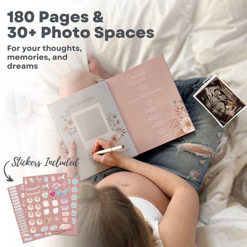 May include: A pink and white pregnancy journal with 180 pages and 30+ photo spaces. The journal features a floral design and the text "The Beginning" on the cover. A sheet of stickers is included.