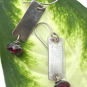 Brushed Silver Rectangle Earrings with Ruby Red Czech Bead