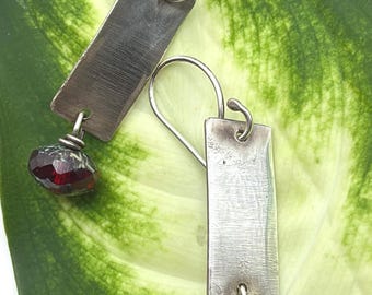 Brushed Silver Rectangle Earrings with Ruby Red Czech Bead