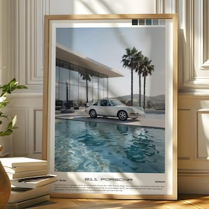 Car by the Pool, Vintage Porsche Print, German Car Wall Art, Magazine Car Poster, Classic Car Poster, Porsche 911 Print, Porsche Wall Art