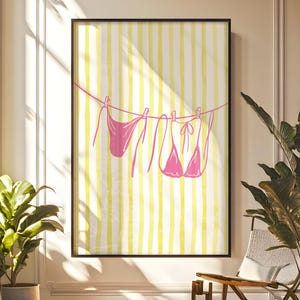 Bikini Print Butter Yellow Beachy Wall Art, Coastal Aesthetic Poster,Summer Digital Print,Bikini on Clothesline Trendy Wall Art,Preppy Print