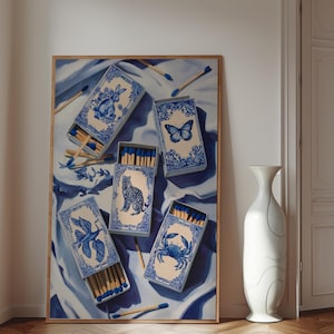 Matchbox Print, Vintage Matchbook Wall Art Blue Aesthetic Print for Apartment, Bar Cart Art, Wall Print Chines Matchbox Print Blue Funky Art