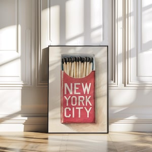 デジタルNYCマッチブックアートプリント、トレンディなマッチポスター、レトロな赤いマッチ箱の印刷可能な壁アート、トレンディな寮の部屋とバーカートの装飾、NYC、マッチ