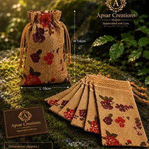 Set of 24 Handmade Burlap Potli Bags | Floral Jute Drawstring Gift Pouches | Wedding Favor Bags | Jewelry Packaging | 10x14 cm