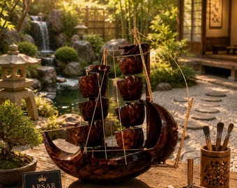 May include: A dark brown wooden ship sculpture featuring multiple bowl-shaped sails, a small candle holder, and a set of carving tools. A black sign with the text APSAR CREATIONS is placed next to the ship on a wooden surface.