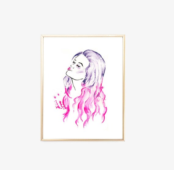 Fashion Illustration Print Pink And Purple Hair Etsy