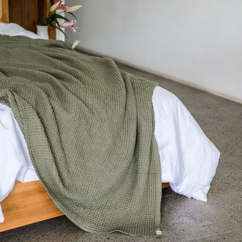Cedar Green Linen Waffle Blanket