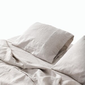 Pinstripe Striped Grey Linen Sheet Set 4pcs | Pencil Stripe Bedding with Fitted & Flat Sheet + 2 Pillowcases | Premium Softened French Linen