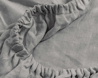 Light Grey Linen Fitted Sheet: French Flax Stonewashed Bedding, 16" Deep Pocket