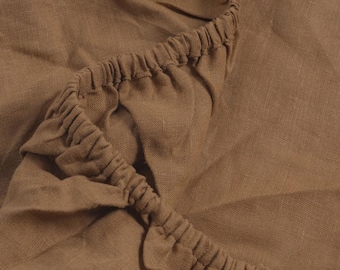 DERNIÈRE CHANCE – Taille Queen uniquement | Drap-housse en lin français 100 % couleur noyer, poches profondes