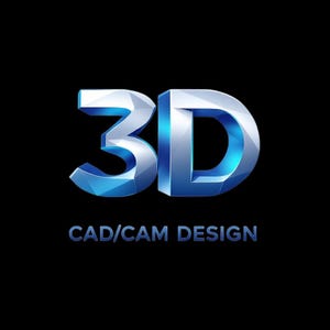 Pode incluir: Um logotipo 3D com um esquema de cores prata e azul. O logotipo lê "3D" em uma fonte em negrito e estilizada. O texto "CAD/CAM DESIGN" aparece abaixo do logotipo.