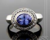 Tanzanite and Diamond Halo Engagement Ring - 14k white gold - thick and bold design - December birthstone