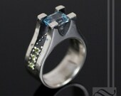 Studded Series - Blue Topaz and Peridot rectangle cut statement Ring - Steampunk