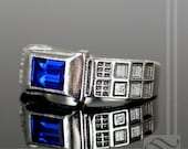 TARDIS Ring Solid Sterling Silver - Level 2 - With Lab Sapphire and Diamond - Wedding band or Signet Ring