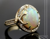 Australian Opal Halo Engagement ring with Diamonds in 14k yellow gold - Solid Natural Opal