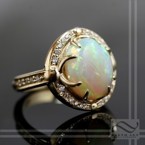 Australian Opal Halo Engagement ring with Diamonds in 14k yellow gold - Solid Natural Opal