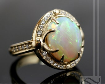 Australian Opal Halo Engagement ring with Diamonds in 14k yellow gold - Solid Natural Opal