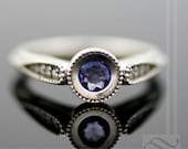 Tanzanite and Diamond Hover Engagement Ring - 14k White Gold - Vintage Milgrain Styling