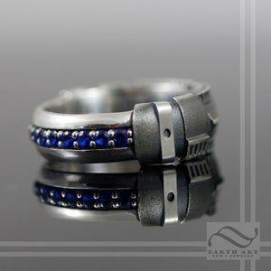 Wide Sapphire Light Saber Ring - Sterling Silver - Oxidized and polished finish - geeky wedding band