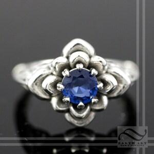 Victorian Inspired Sapphire Flower Engagement Ring - Natural blue sapphire -Gold