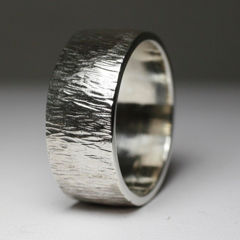 Wood Bark Textured Wide Mens Wedding Band