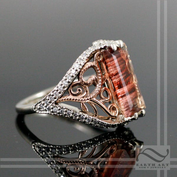 Oregon Sunstone Leaf and Vine engagement Ring - 14k rose and white gold - rectangle cut red schiller sunstone