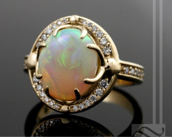 Australian Opal Halo Engagement ring with Diamonds in 14k yellow gold - Solid Natural Opal