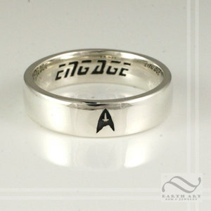 Mens ENGAGEment Ring - Star Trek Inspired wedding band with star trek insignia and font - engage