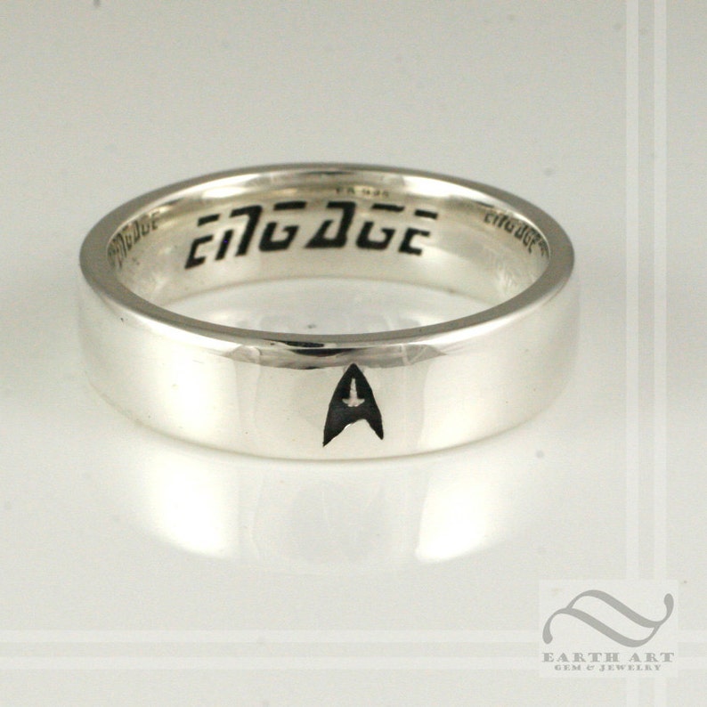 Mens ENGAGEment Ring Star Trek Inspired wedding band with star trek insignia and font engage Sterling Silver