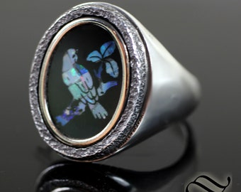 Bird on a branch - Opal Mosaic Signet Ring