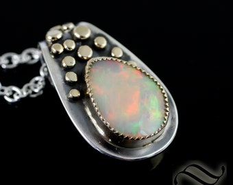 Opal Pebble Pendant - Sterling and 14k yellow gold - Natural solid opal