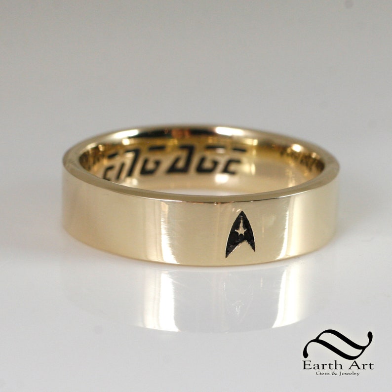 Mens ENGAGEment Ring Star Trek Inspired wedding band with star trek insignia and font engage 14k yellow gold