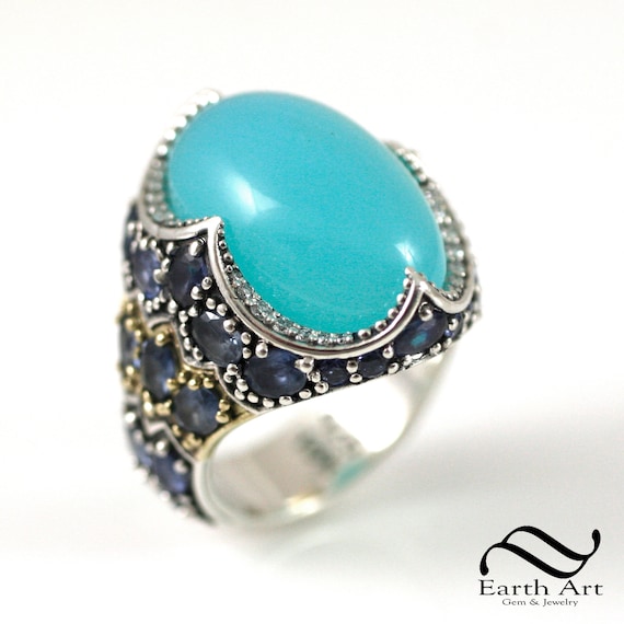 Blue Peruvian Opal in 18k and Sterling with natural blue sapphires and diamonds